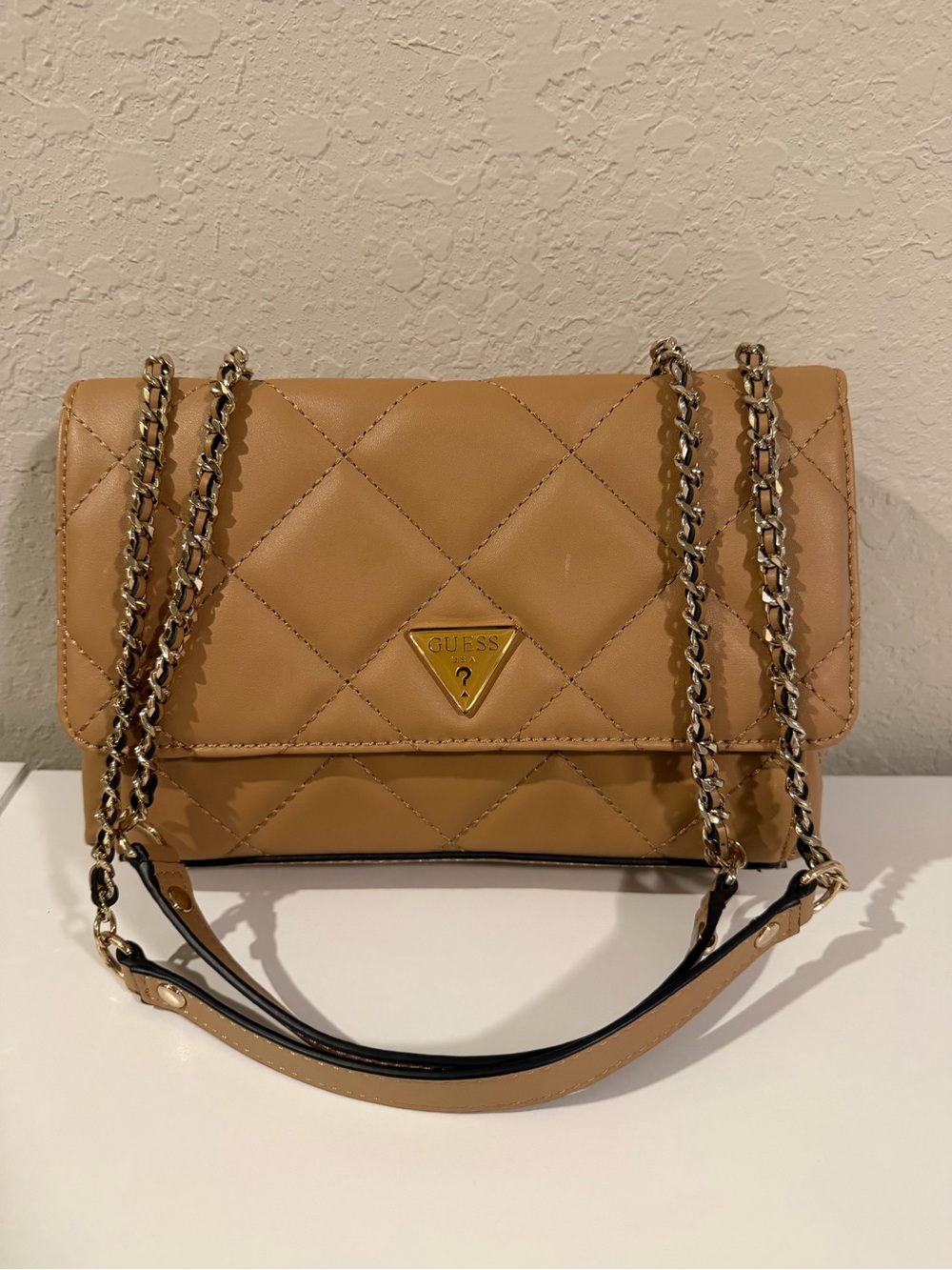 GUESS Quilted Tan Shoulder Bag with Chain Strap